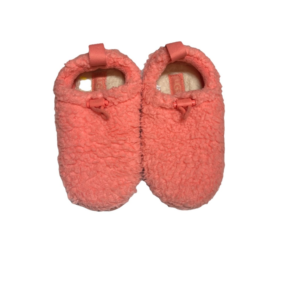 UGG Plushy Slippers Shearling Slip On Loafers Kids Size 1 EU 32.5 Coral Adjustbl